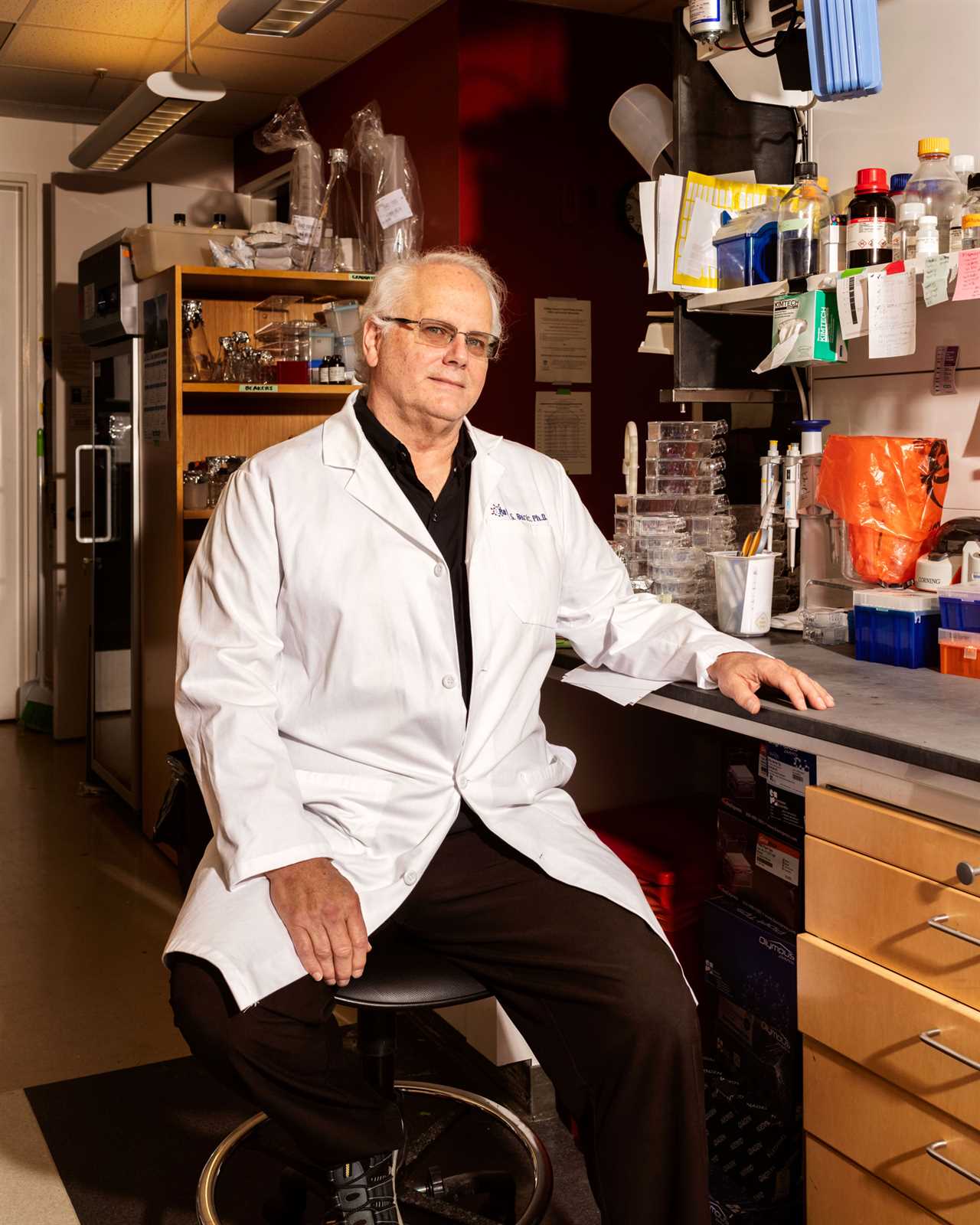 Baric surrounded by lab equipment at the University of North Carolina at Chapel Hill in April.