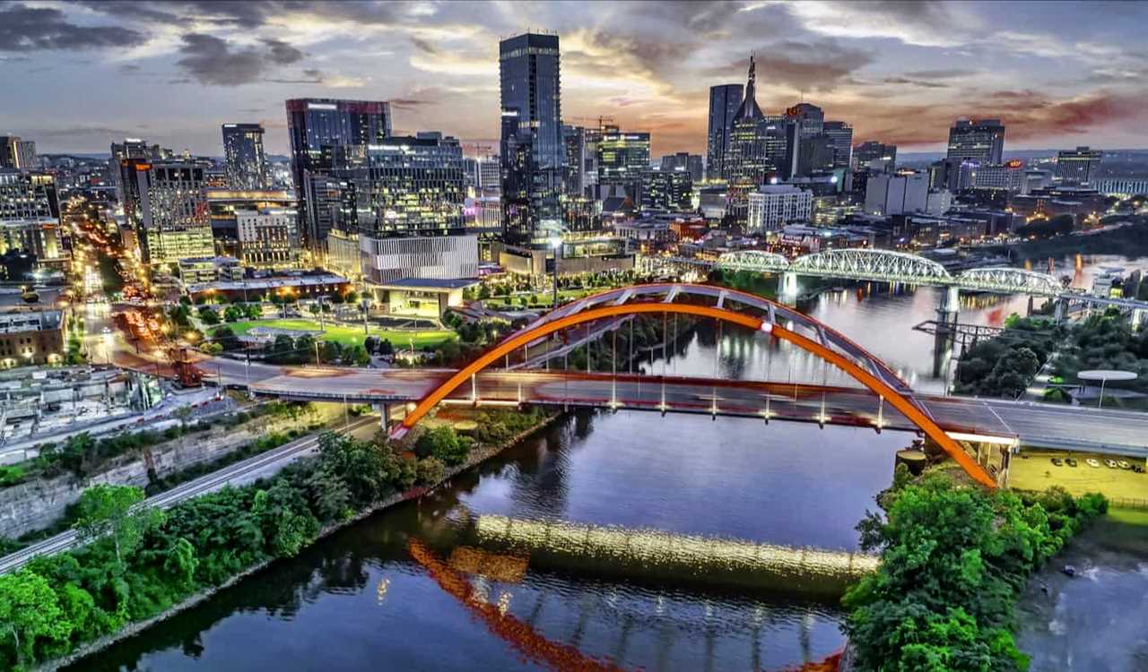 A view overlooking Nashville, TN at night with the downtown all lit up