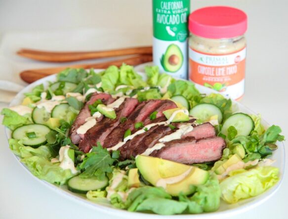 Steak salad with Primal Kitchen Chipotle Lime Maya and Extra Virgin Avocado Oil