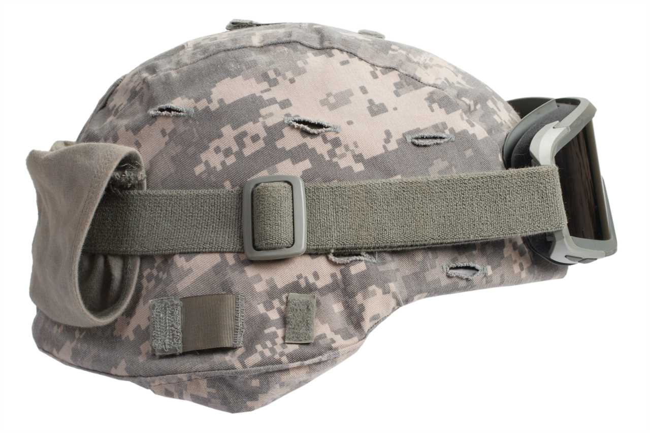 kevlar helmet with camouflage cover and protective goggles