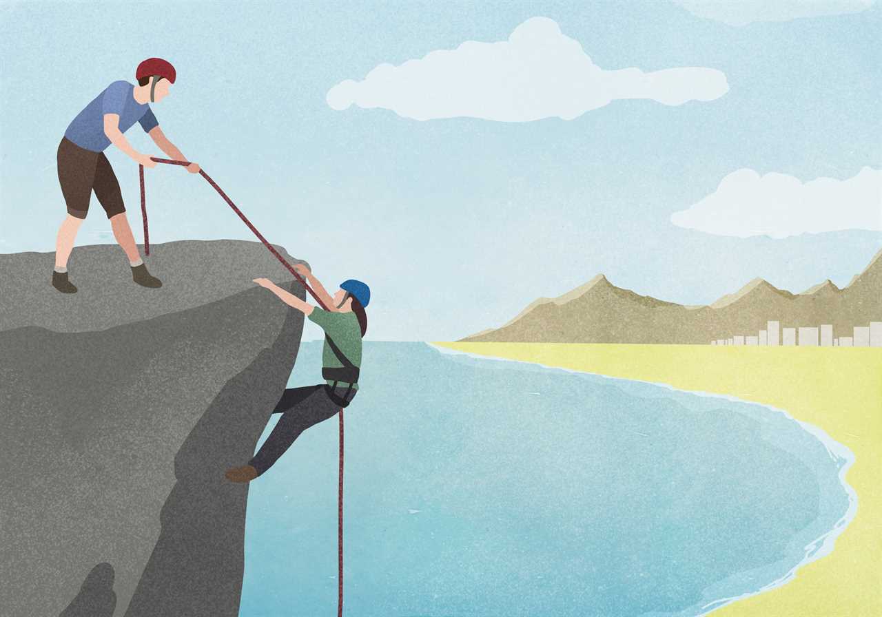 Illustration of man pulling woman with rope on cliff against sky