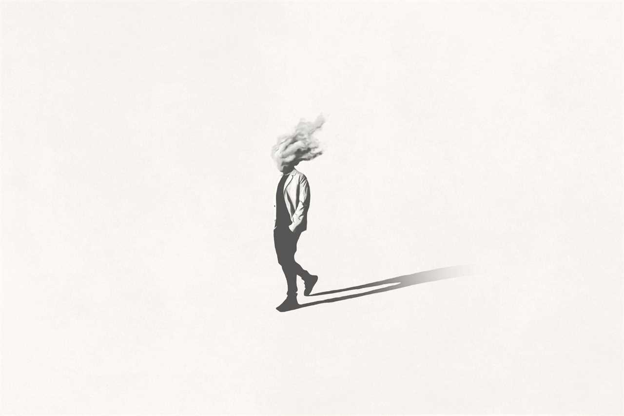 Illustration of black and white man with head in the cloud walking, surreal minimal concept