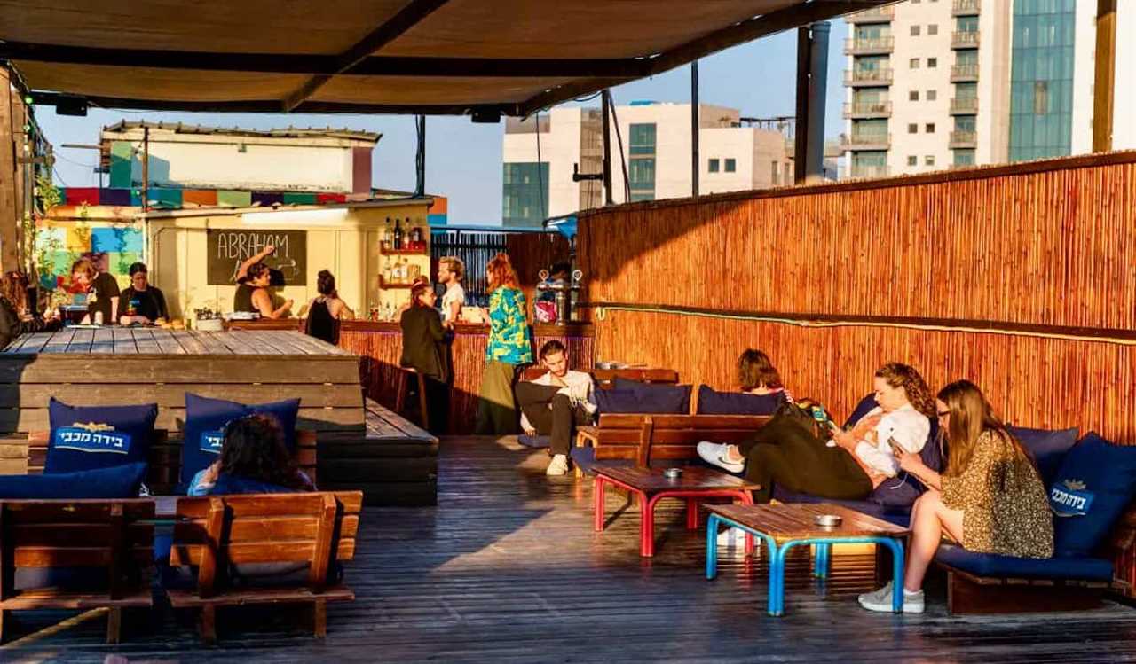 The rooftop terrace of the Abraham Hostel in sunny Jerusalem, Israel