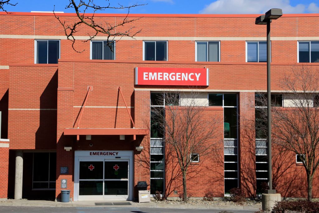 Small city hospital emergency room entrance, Gritman Medical Center in the northern Idaho city of Moscow.