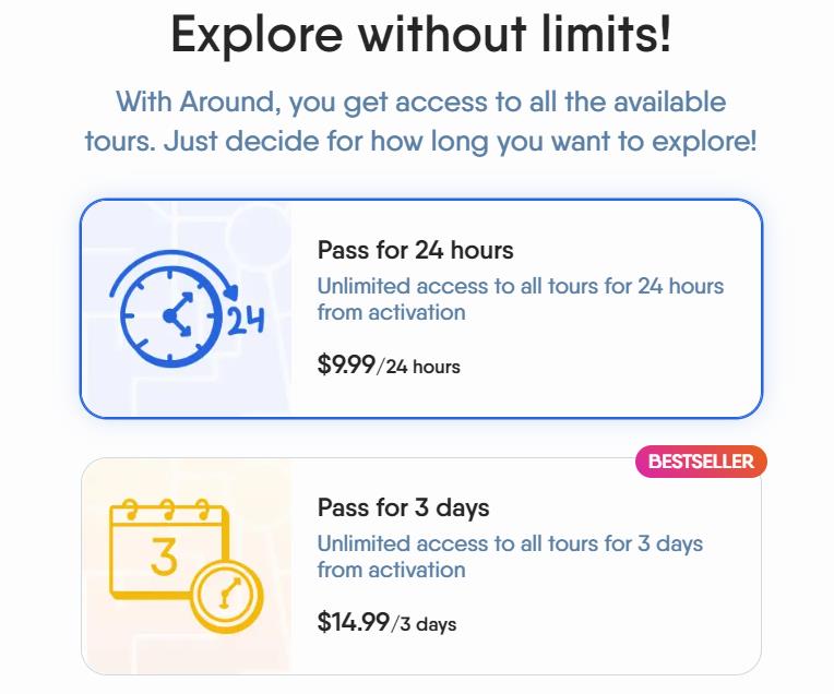 A screenshot of the website for Around, showing pricing for 24-hour and 3-day passes