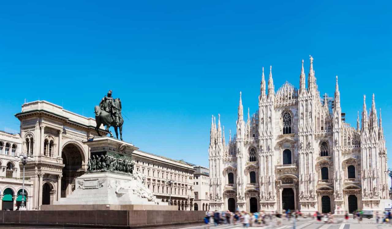 The towering cathedral in Milan, Italy on a sunny summer day