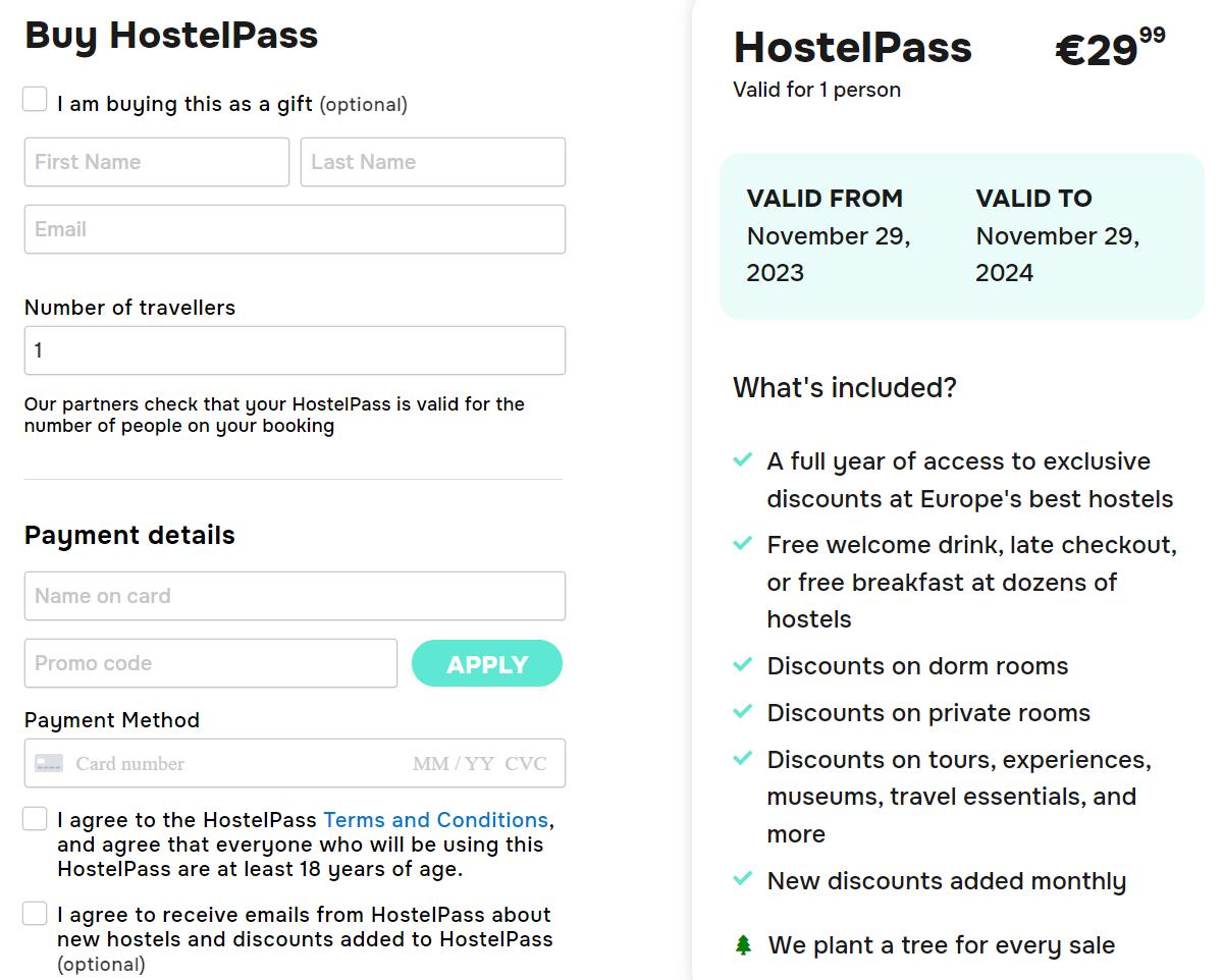 Purchase page for HostelPass
