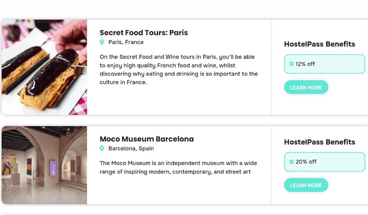 Screenshot from HostelPass website showing discounts available for a food tour in Paris and a museum in Barcelona