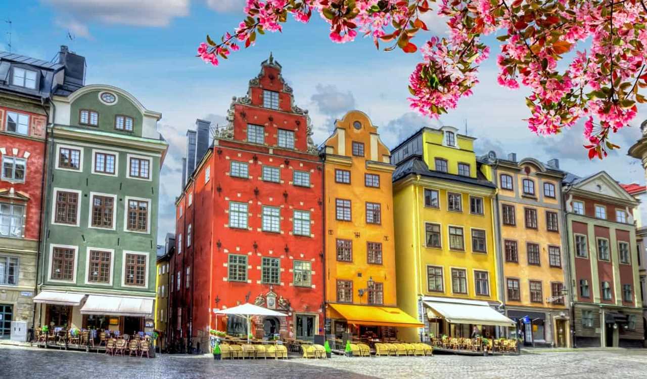 Colorful historic buildings lining a square in Stockholm, Sweden