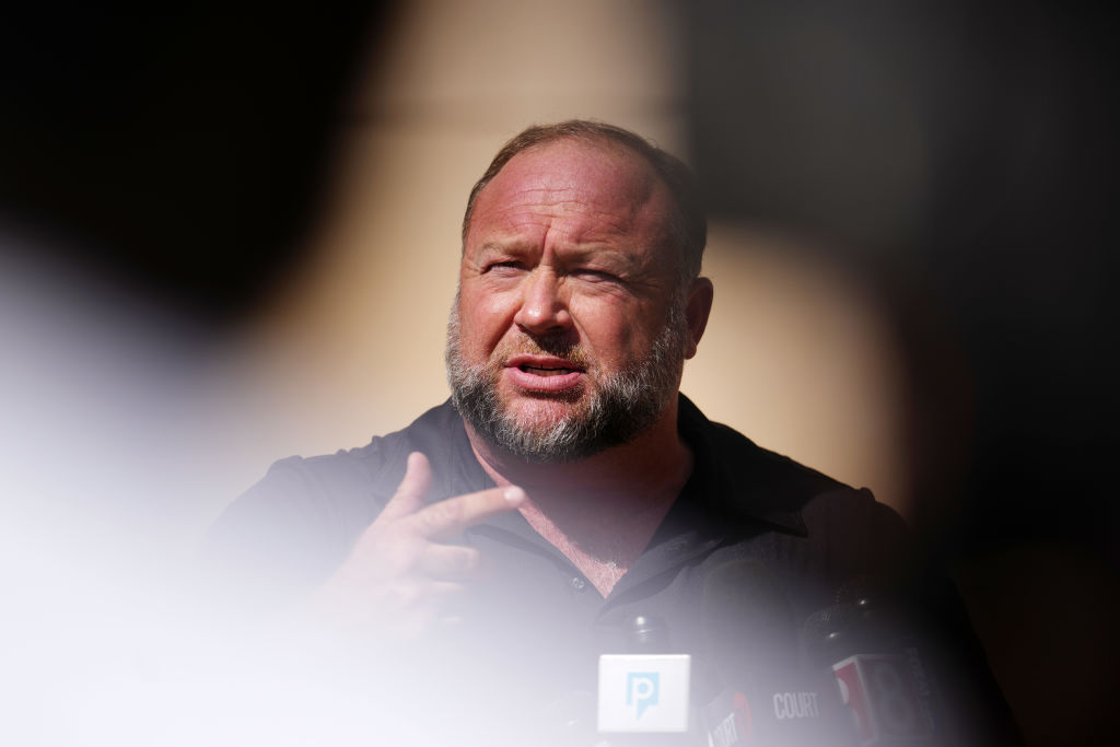 Alex Jones Speaks To The Media Outside The Sandy Hook Trial In Waterbury, Connecticut