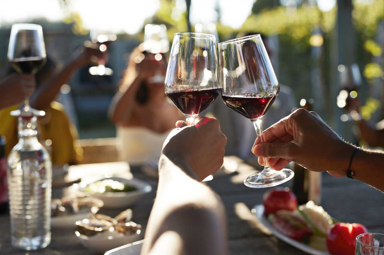 Friends toasting glasses with red wine in wedding