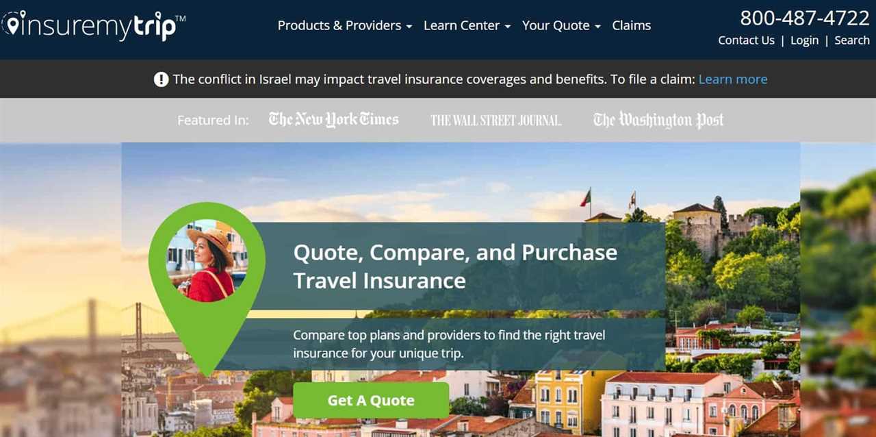 Screenshot of the InsureMyTrip homepage, a website for finding travel insurance