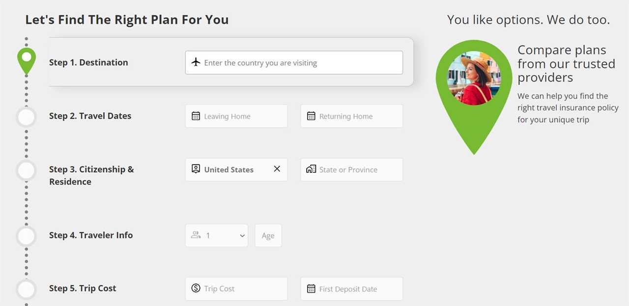 Screenshot of the InsureMyTrip website showing fill-in-the-blank options to build a quote