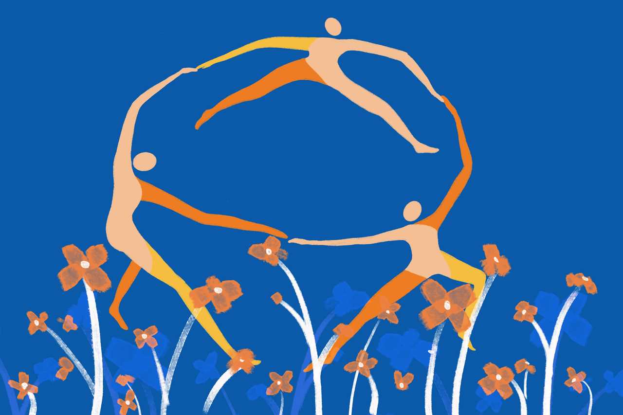Vector illustration of three people dancing in circle on blue background with flowers