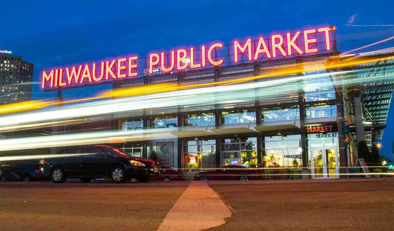 The popular Public Market at night in bustling Milwaukee, USA