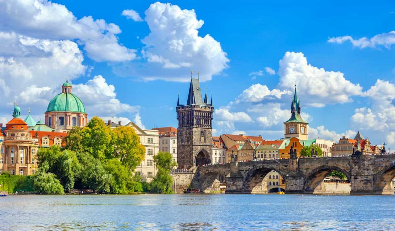 A sunny day with a blue sky over the historic Old Town of Prague in Czechia