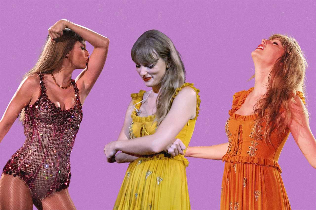 three images of Taylor Swift on a purple background