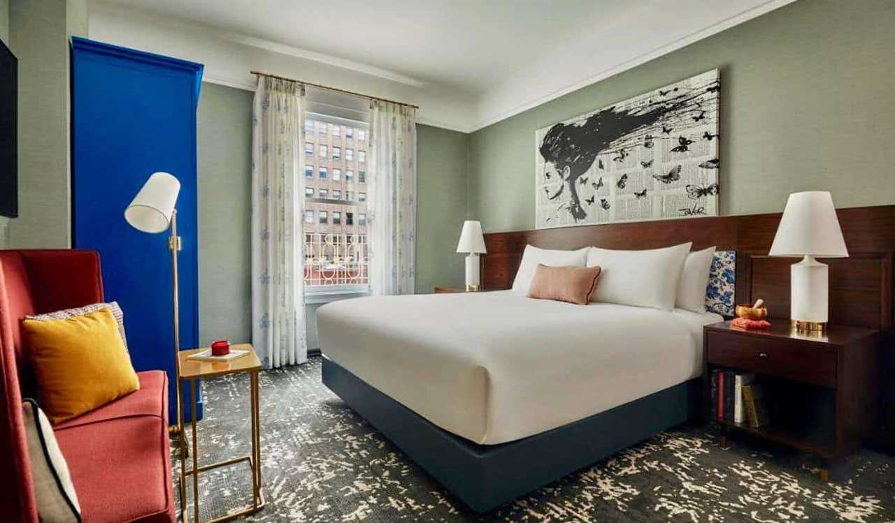 A cool hotel room with lots of art at Hotel Emblem in San Francisco, USA