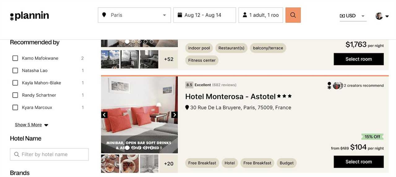 A screenshot from the Plannin hotel website's homepage