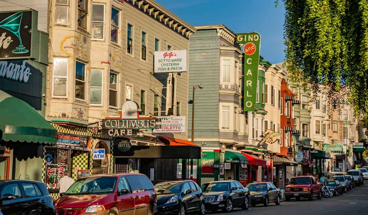 Old store fronts and bars in the North Beach neighborhood of San Francisco, USA