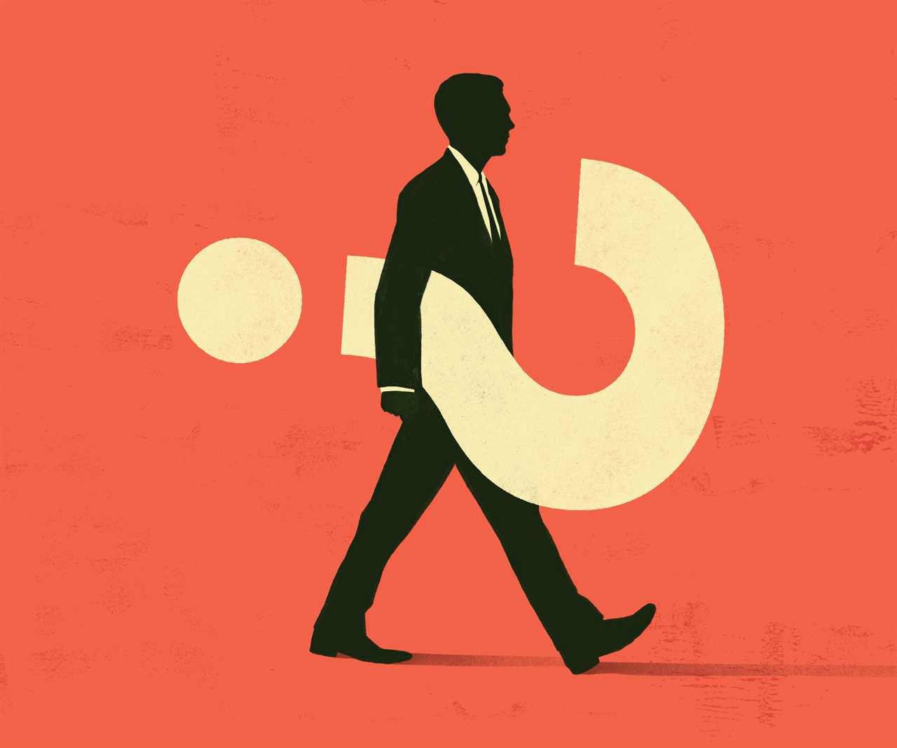 Illustration of a silhouette of a businessman walking while carrying a question mark symbol