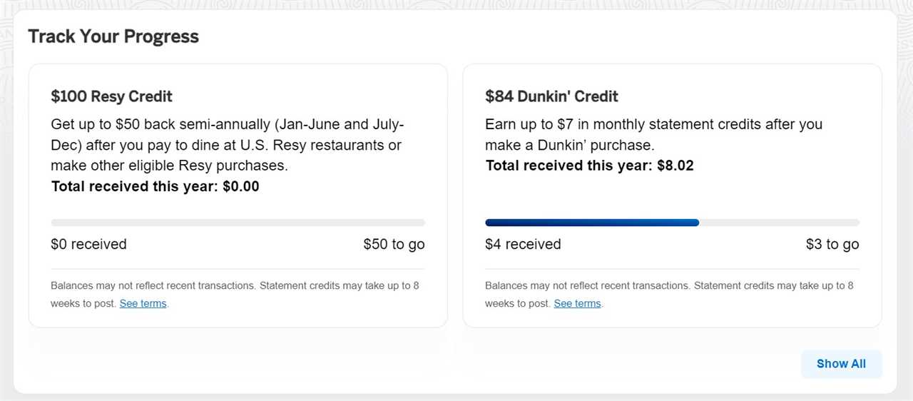 screenshot of the american express website showing how much benefit has been redeemed for the Resy and Dunkin credits offered with the amex gold card