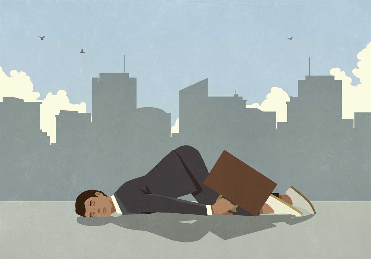 An illustration of an exhausted businessman sleeping on city sidewalk