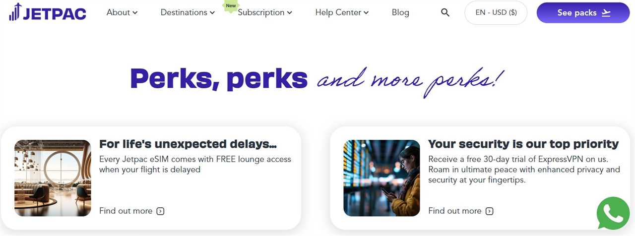 screenshot of the Jetpac website showing the different perks that come with their eSIMs