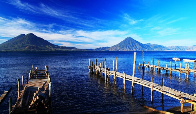 Overlooking the water and mountains of Lake Atitlan, Guatemala