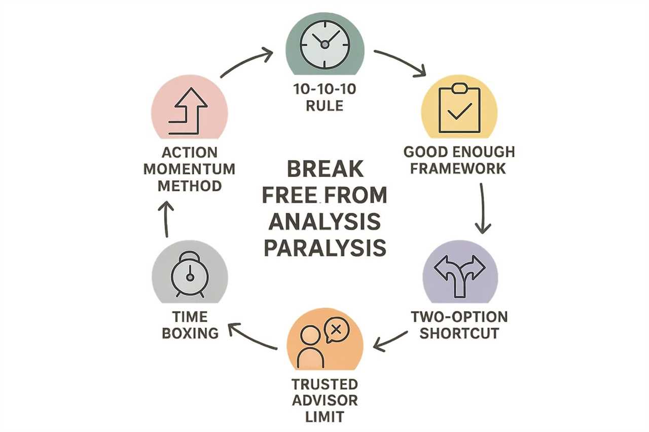 Infographic showing 7 strategies to overcome analysis paralysis in circular flow