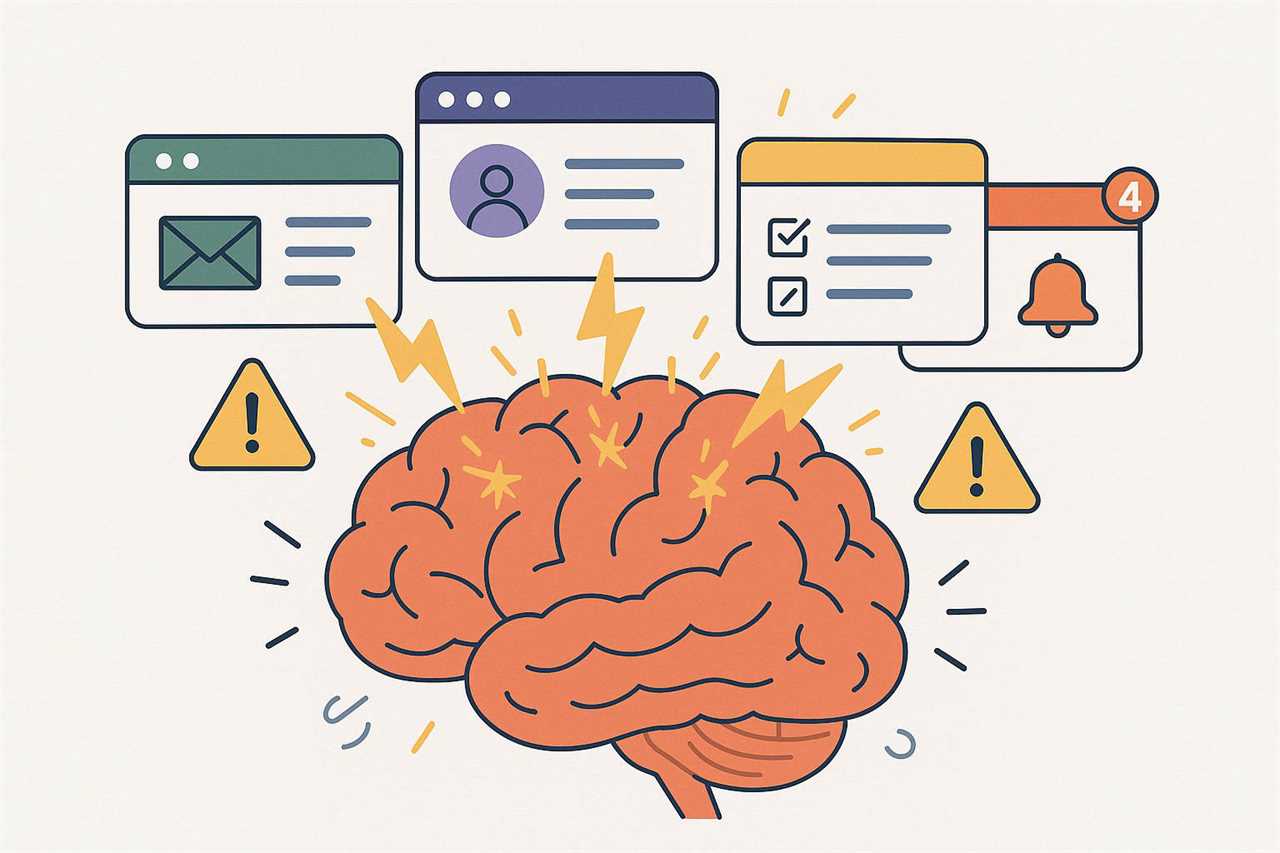 Brain with multiple browser tabs representing cognitive overload