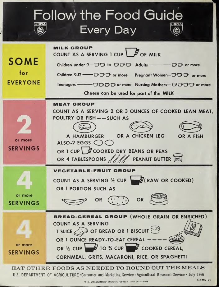 A daily food guide providing choices for thrifty families in 1966.