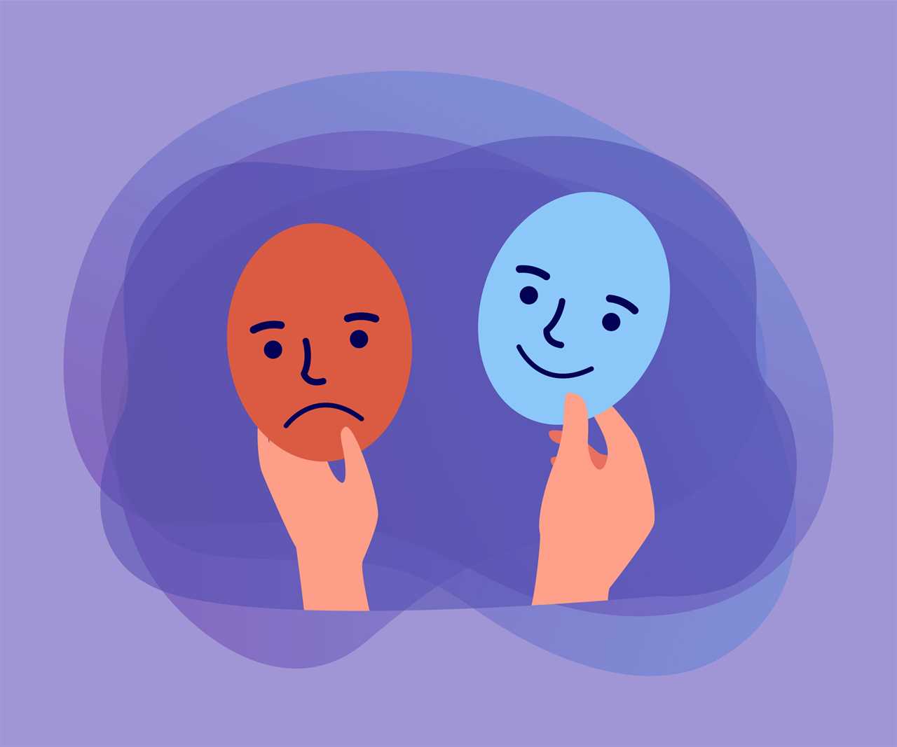 Hands holding masks with happy and sad faces