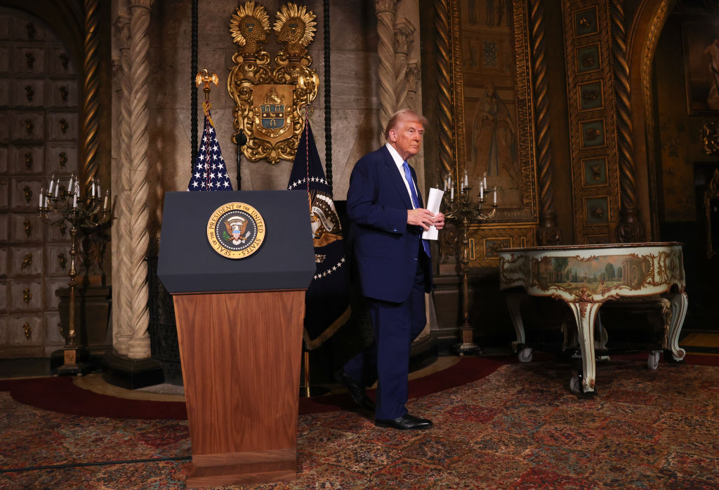 President Donald Trump leaves after holding a press conference and signing an executive order on expanding access to IVF at his Mar-a-Lago resort on in Palm Beach, Florida, on Feb. 18, 2025.