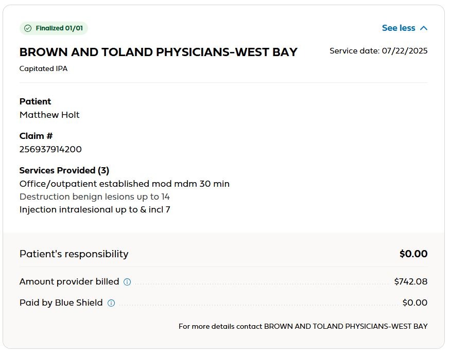 Adventures in health care billing. My $51.96 zit co-insurance