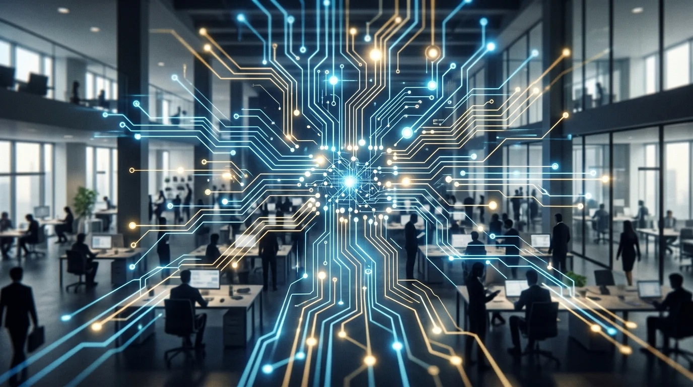 A conceptual representation of AI nodes and circuits integrated into a workspace.